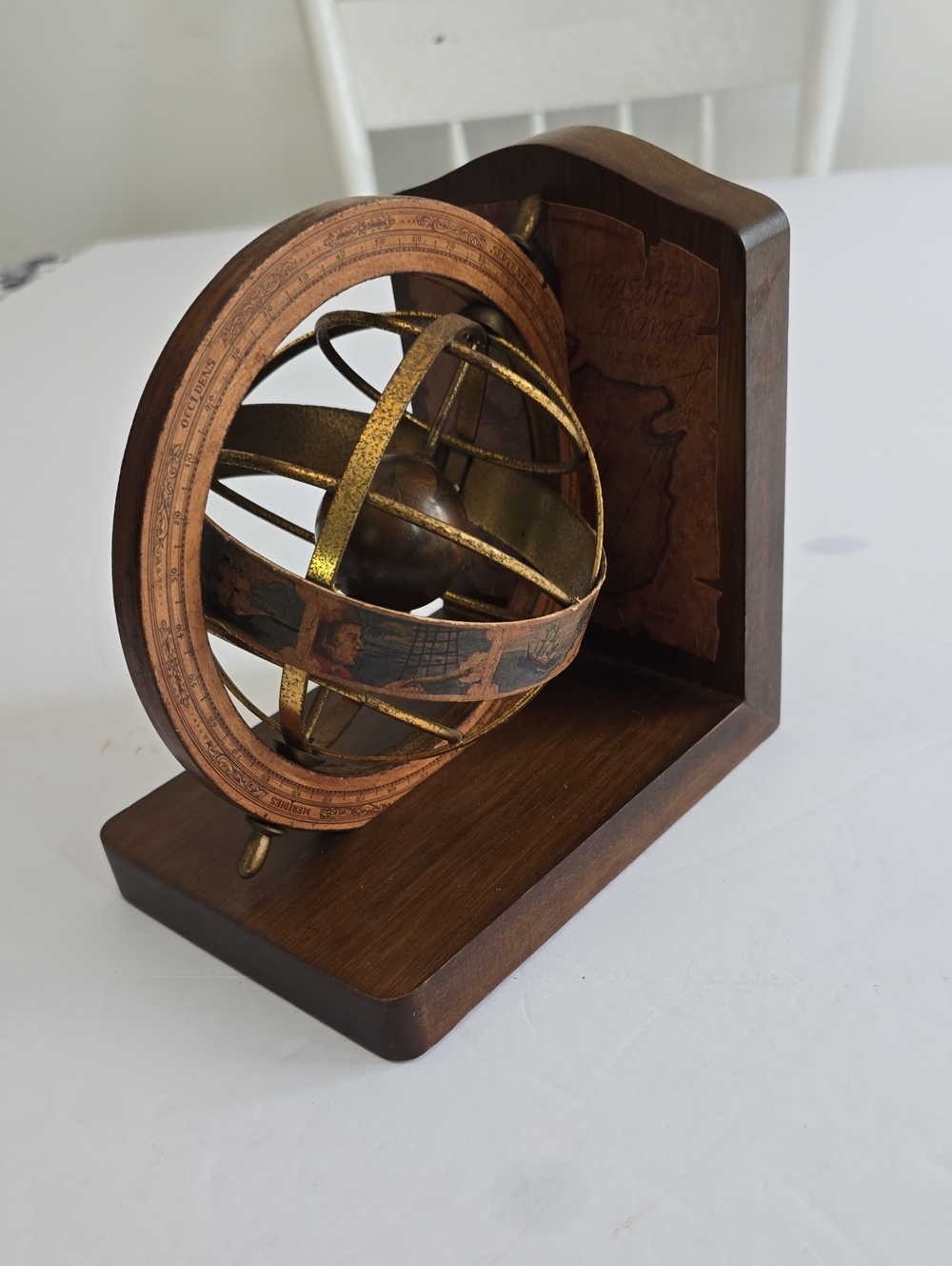 Vintage Olde World Globe Italy Axis Metal Wood Bookend Armillary Sphere